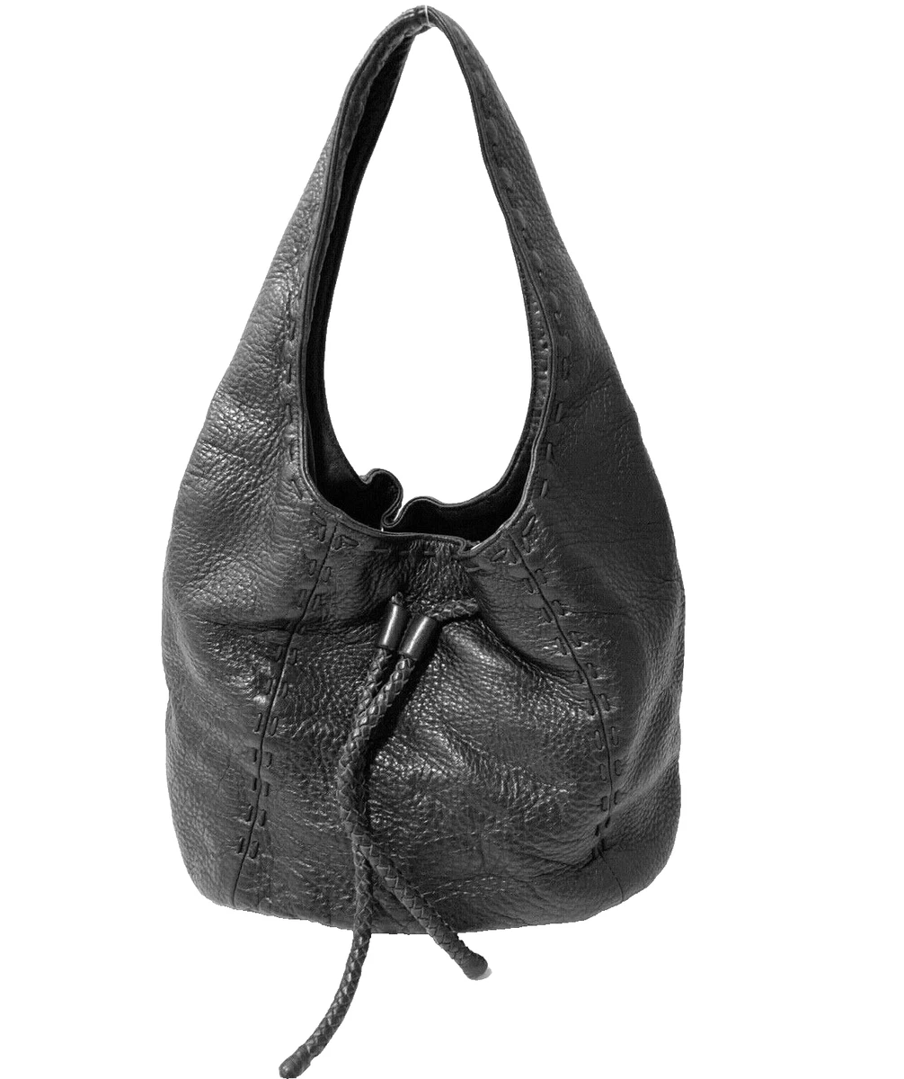 TALBOTS BLACK PEBBLED LEATHER HOBO SHOULDER BAG PURSE BRAIDED