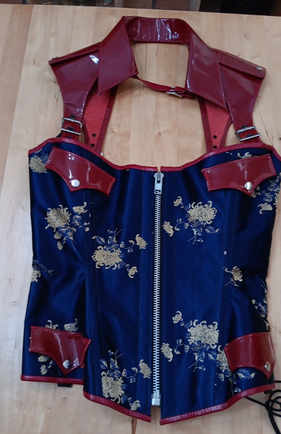 Rare Stromy Leather corset top vintage Asain  B, G,and Red Leather  Neck Stap 2x image 10