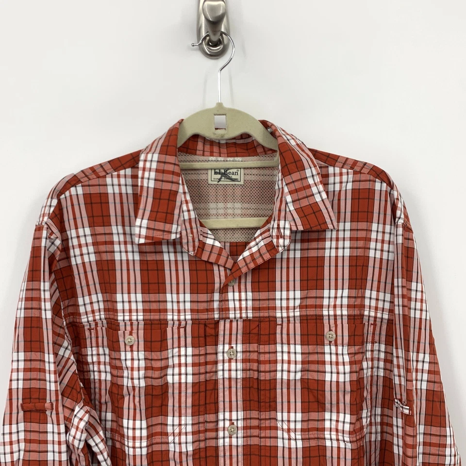 LL Bean Men XL Shirt Button Down Red White Checkered Plaid Nylon Blend Top - Image 2 of 4