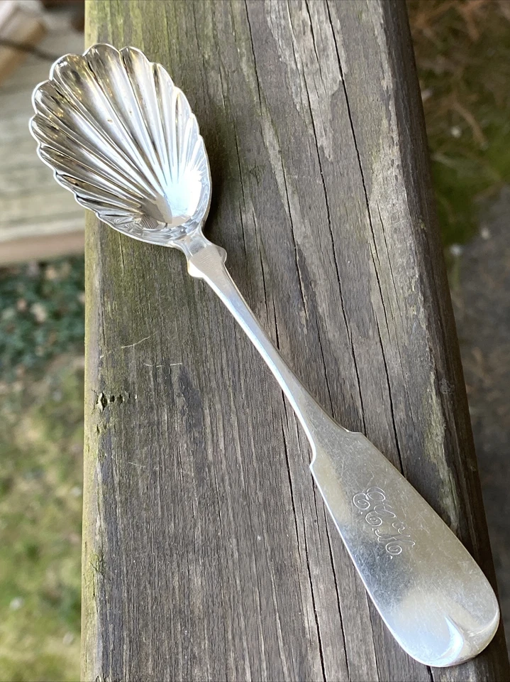 Antique Scalloped Shell Coin Silver Sugar Spoon C.C. Shaver, 20 grams w/ Mono - Image 2 of 4
