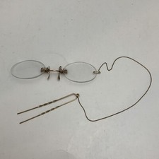 1890s Antique 10k Gold SHURON Eye Glasses with Chain Spectacles Rimless