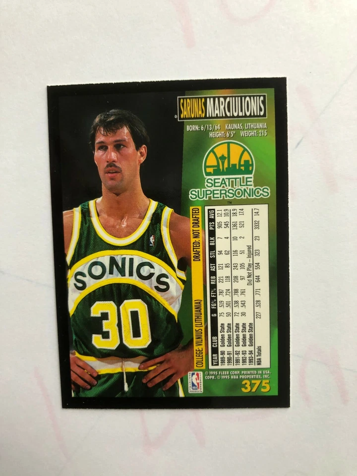1995 SARUNAS MARCIULIONIS Fleer Basketball Card # 375 Made in USA - Image 4 of 4