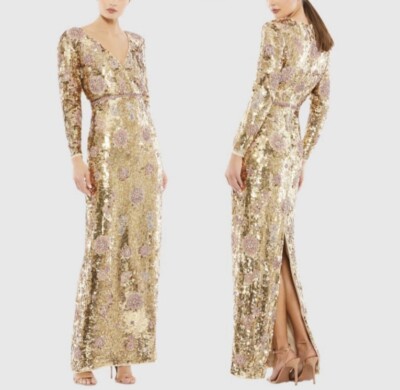 Mac Duggal Embellished Wrap Over Long Sleeve Coloumn Gown In Gold Sz 4 $1,798.00
