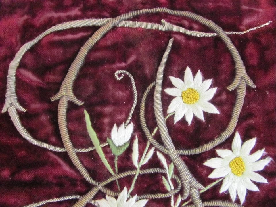 19C. ANTIQUE HAND EMBROIDERY VELVET WITH GOLD TINSEL MONOGRAM - Image 4 of 4