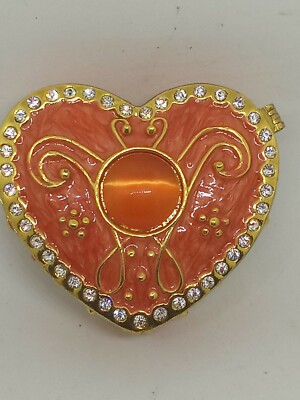  Peach Heart With Cat's Eye Trinket Box. Hand Painted Enamel With Crystals.STAL 