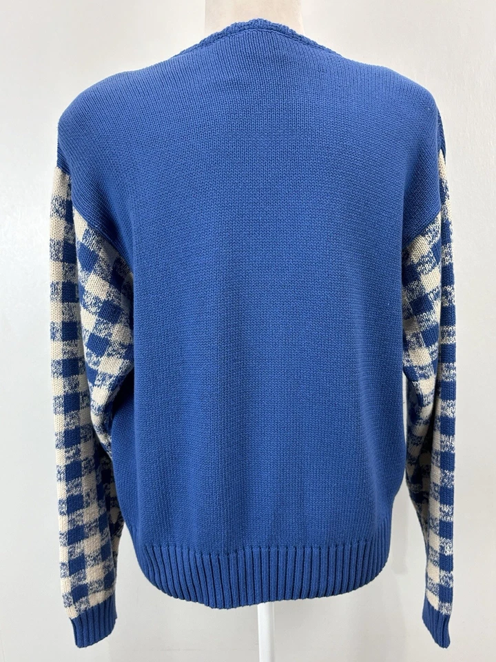 Cardigã suéter vintage Liz Golf tamanho médio feminino azul floral Gingham Cottagecore - Imagem 3 de 4