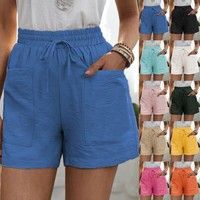 Womens Cotton Linen Elastic Waist Hot Pants Ladies Summer Beach Pockets Shorts