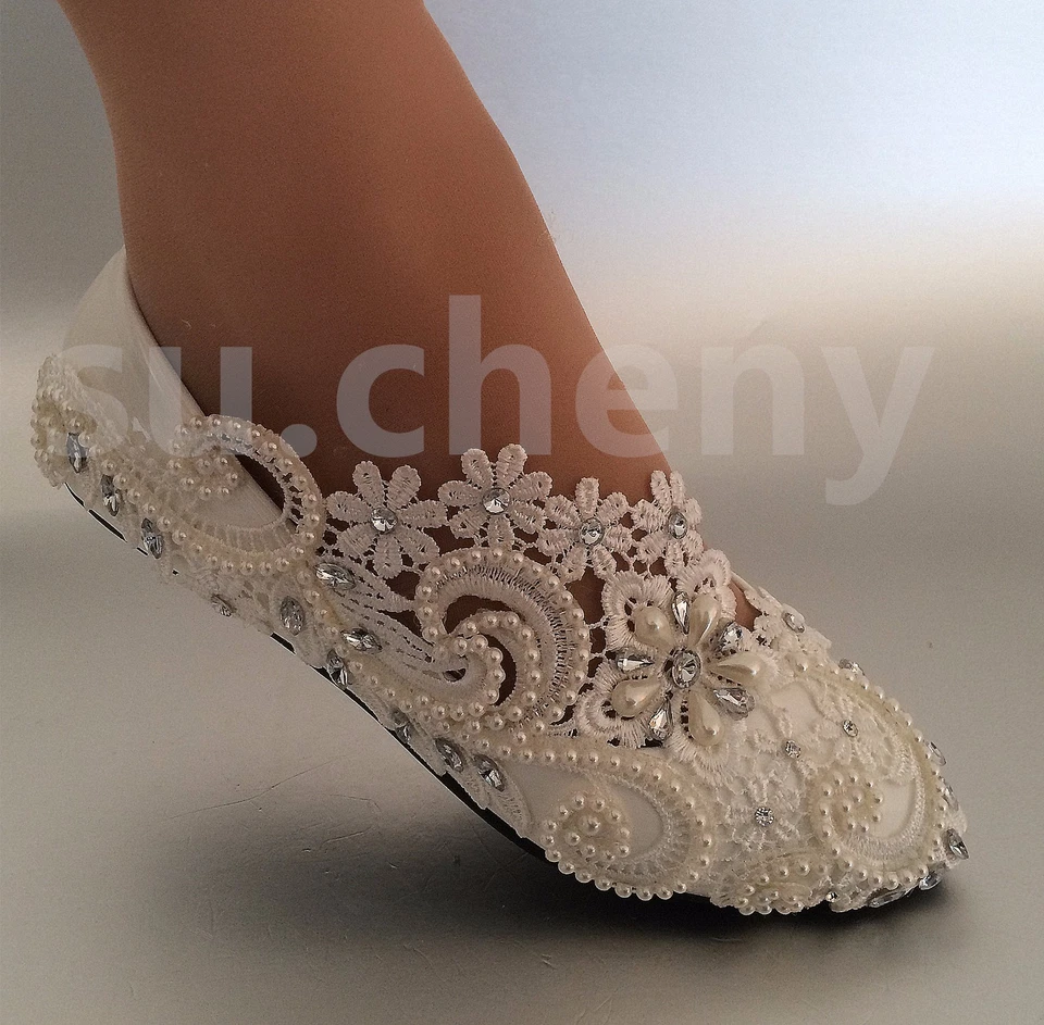 su.cheny White ivory pearls rhinestones lace flat Wedding shoes Bridal size 5-13 - Image 2 of 4