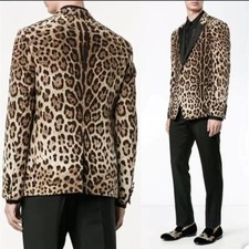 Leopard Print Men's Suits 2 Pcs Peak Lapel Slim Fit Suede Blazer BusinessTuxedos