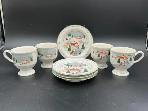 4 Silent Night Sango Footed Holiday Cup Mug/ Saucer sets Winter Scene 3900