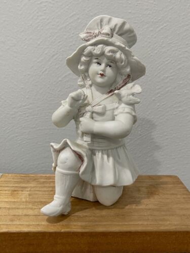 Antique German Carl Schneider Bisque Porcelain Girl Kneeling & Bird Figurine - Picture 1 of 12