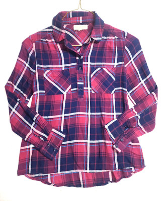 Pink Rose Top Women Medium Red Blue Plaid Long Sleeve Quarter Buttons Collared