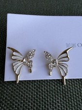 White  Gold Butterfly Stud Earrings   Rhinestone Accents   Elegant  Delicate
