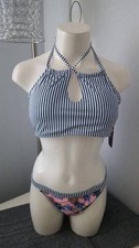 New Woman's Shekini Navy Striped 2 Piece Bikini Swim Set Swimwear Size Large L