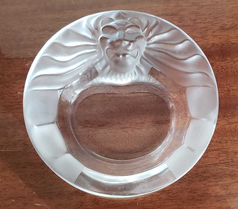 Vintage Lalique  "TETE DE LION" Crystal Dish, Ashtray Tray Etched Signed