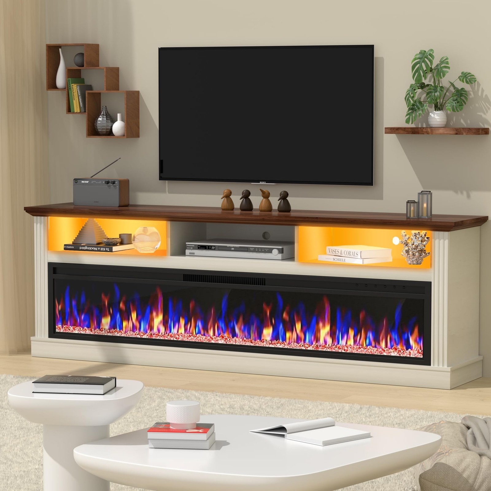 With Electric Fireplace White Entertainment Center Farmhouse