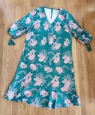 NEW Green Satin Floral Midi Dress L Large Pink