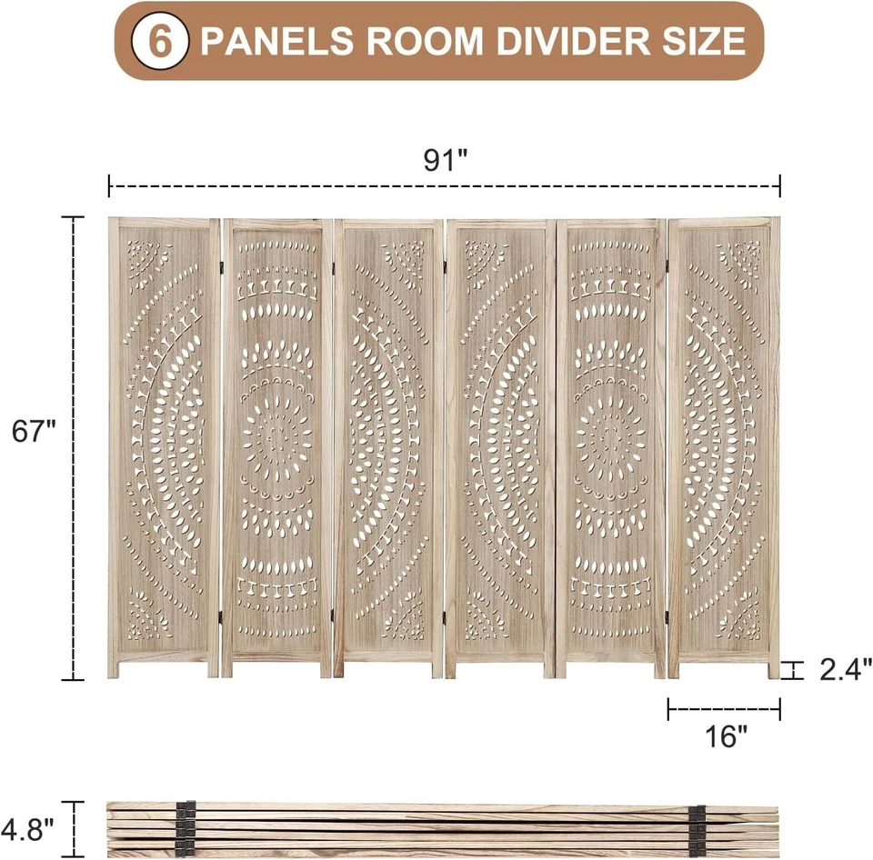 6 Panel Room Divider Screen Privacy Handwork Solid Wood Folding - image 4 of 4