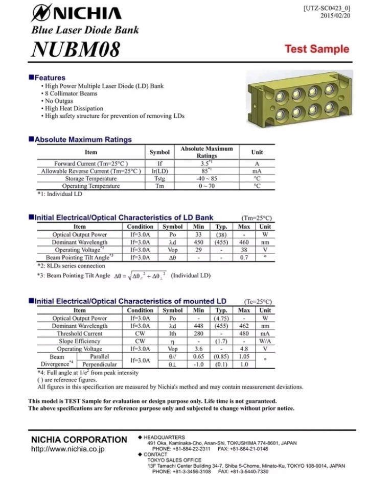 1 Bank of Nichia NUBM08 Laser Diodes - Up to 5W 450nm Blue - Total of 8