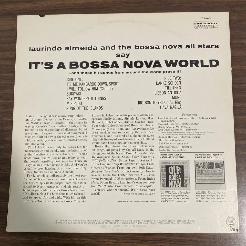 Laurindo Almeida – It’s A Bossa Nova World LP (Capitol T-1946 Mono Rainbow) - Image 2 of 4