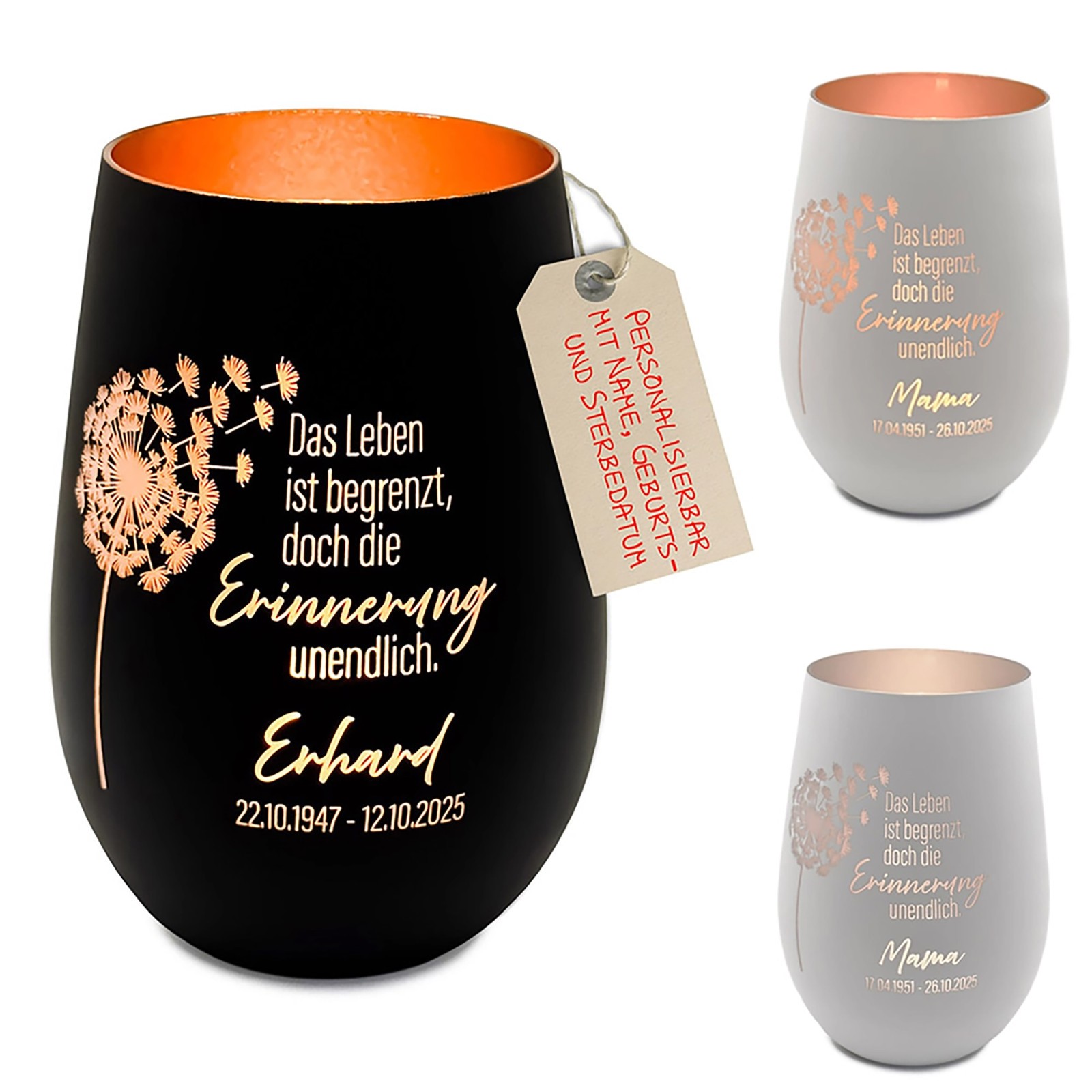 Windlicht mit Gravur personalisiert Trauerlicht Erinnerungslicht Pusteblume
