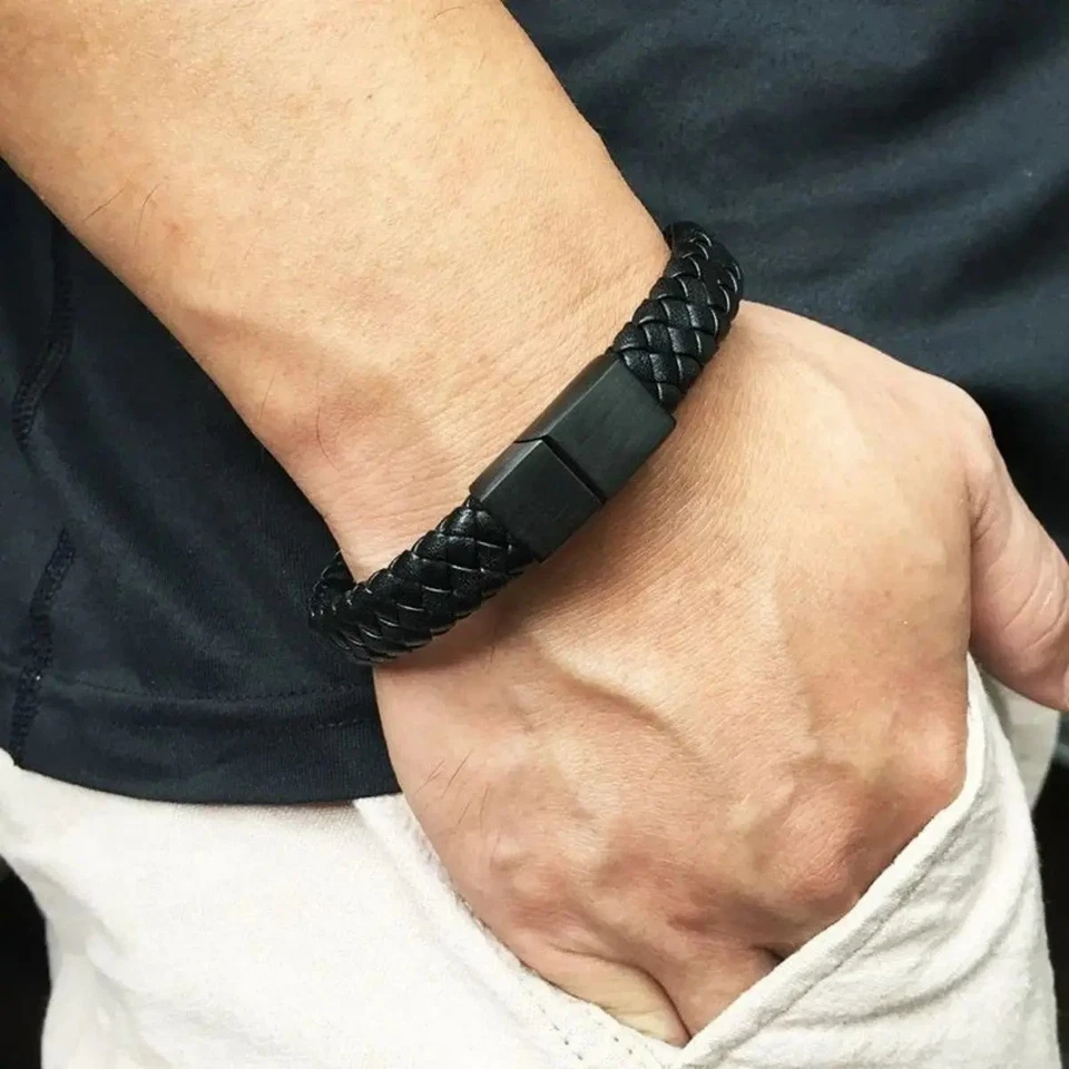 Bracelet ouvert rétro pour hommes, corde à main en cuir Pu tissé Simple - Photo 2/4