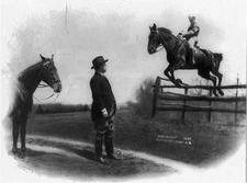 Theodore Roosevelt watching son,Jr,riding,horse,jumping fence,families,c1907