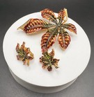 Vintage AUTUMN LEAVES Motif Gold Tone Enameled Pin Brooch /Clip Earrings Set — photo 1