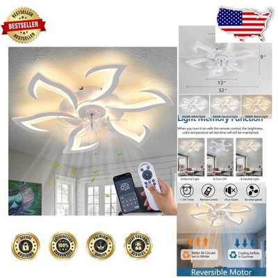 Modern Flush Mount Ceiling Fan, 32'' White, 6 Speeds, Remote, 3 Color Light Modes