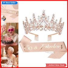 100th Birthday Sash and Tiara Set Rose Gold Rhinestone Crown for Women Party