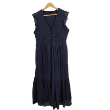 Quince Women Organic Textured Cotton Smocked V-Neck Midi Dress Navy L
