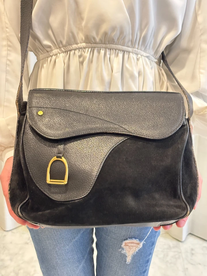 Vintage GUCCI Women's Saddle Shoulder Bag Black Suede Leather Made in Italy - Image 3 of 4
