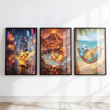 Pokeman Fan Inspired Prints Set Of 3 Wall Posters - Pikachu Squirtle Charmander