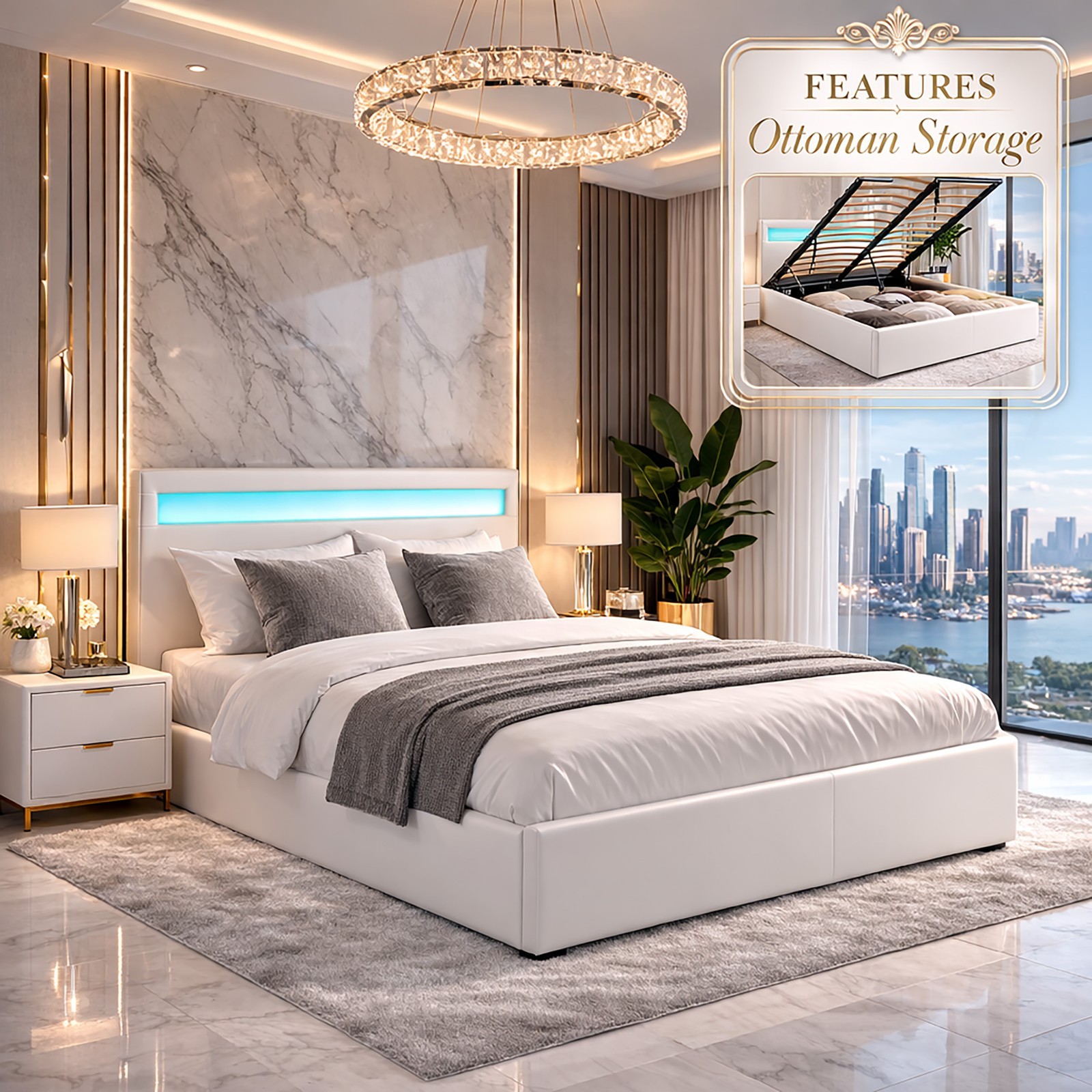 White Double 4ft6 Faux Leather Ottoman Storage Bed with LED Headboard & Remote