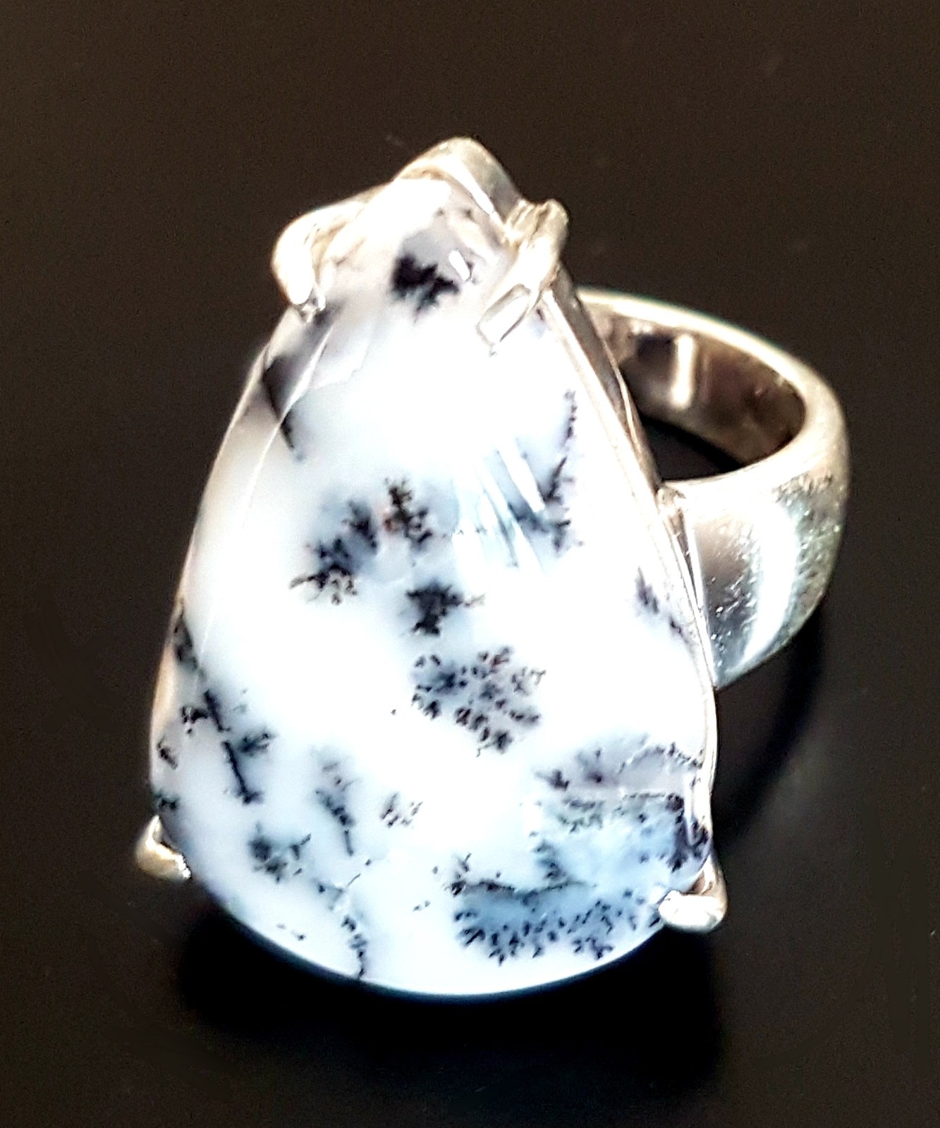 Bague Merlinite naturelle opale dendrite argent véritable 12g taille 54.5 femme