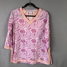 Gretchen Scott Designs Tunic Womens Medium Pink Purple Elephant Print Cotton Top
