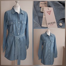 BNWT - GUESS size M Blue Denim Long Sleeve Belted Shirt Dress NEW w TAGS