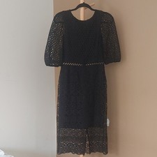 ​Express Black Crochet Lace Midi Dress XS Puff Sleeve Eyelet Sheer Hem Lined LBD