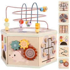 Large Wooden Activity Cube for Toddlers, 9 in 1 Educational Baby Activity Cub...