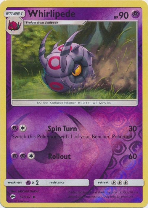 Whirlipede 57/147 Uncommon Burning Shadows Pokemon Reverse Holo Lightly Played