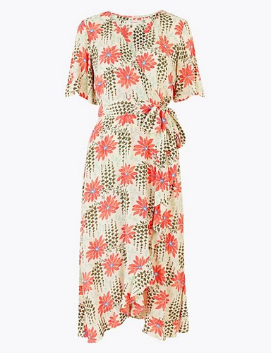 FLORAL PRINT MIDI WRAP DRESS IVORY MIX 