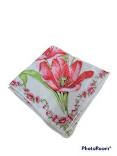 Vtg white cotton handkerchief pink green tulips small flowers round edge 12 in