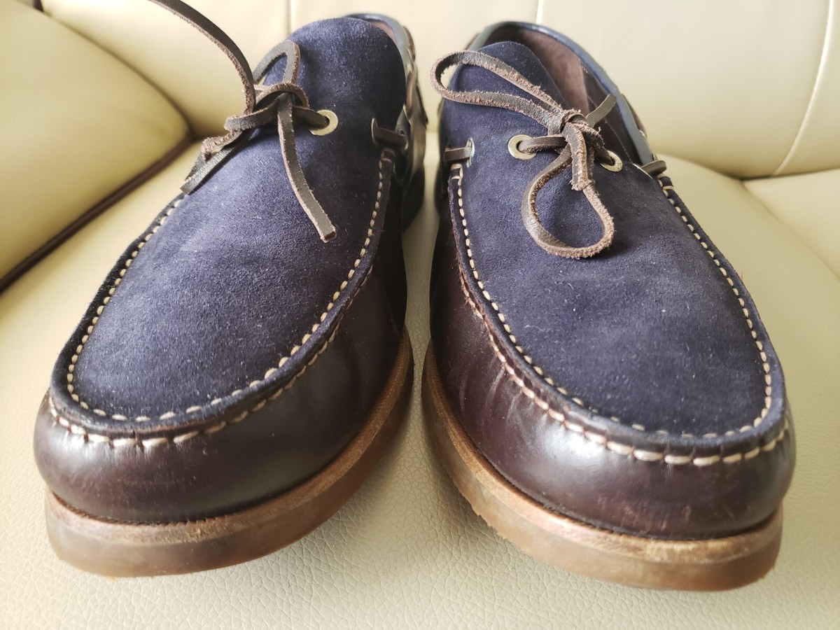 SALVATORE FERRAGAMO Brown Leather/Navy Suede Boat Deck  display picture 3