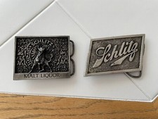 2 VINTAGE 1970  s Schlitz Beer  Malt liquor BELT BUCKLES Bergamot USA Pewter