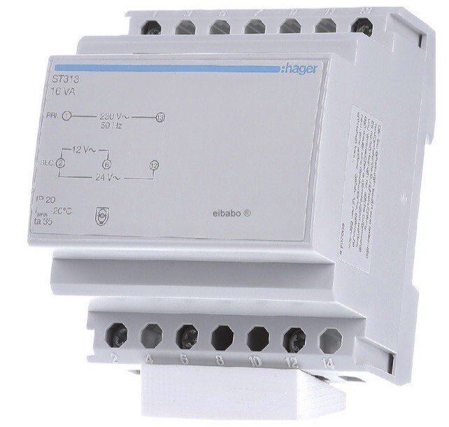 HAGER ST313 - TRASFORMATORE DI SICUREZZA 230V / 12-24V 16VA 3M