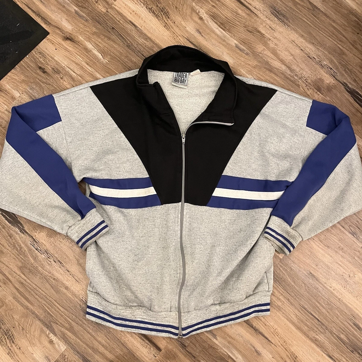 Men s Vintage 90s Trader Bay Striped Color Block Bomber Jacket Sz L Gray Black