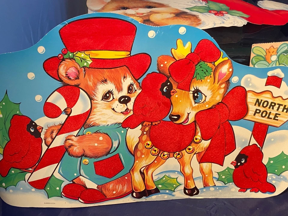 Lot of 3 Vintage Cardboard Paper Christmas Decoration Die Cut Flocked Eureka - Imagem 2 de 4