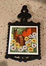 Vintage MCM Cherry Black Cast Iron Tile Trivet Water Wheel Daisies Retro Kitchen