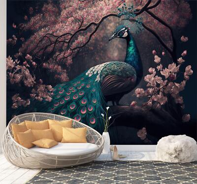 Chinoiserie Aquarell Pfau Tapete Wandbild abnehmbar abwaschbar abziehen & kleben