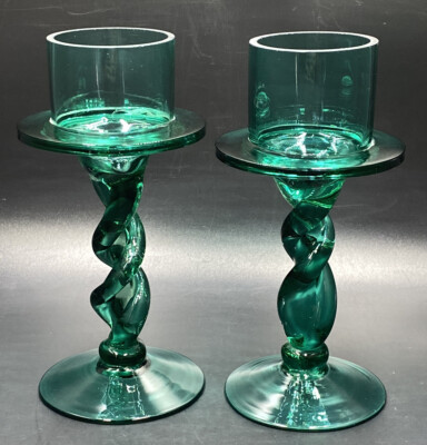 Hand Blown Candlesticks SET (2) Twisted Stems Peacock Green Votive Tea Light 6 
